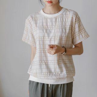 Crew-neck Plaid Loose-fit T-shirt