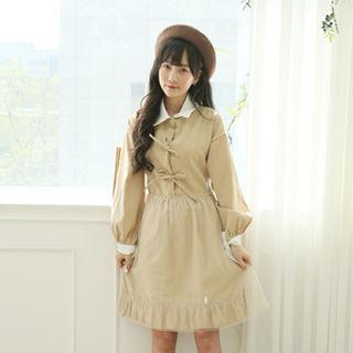 Tulle-overlay Shirtwaist Dress Beige - One Size