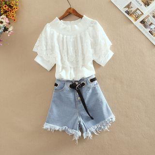Mesh Off-shoulder Top + High-waist Shorts Set