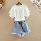 Mesh Off-shoulder Top + High-waist Shorts Set
