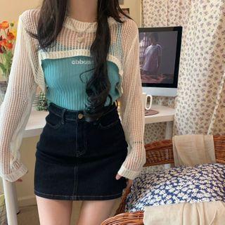 Long-sleeve Knit Shrug / Spaghetti Strap Lettering Embroidered Knit Top