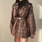 Plaid Double-breasted Elastic-waist Trench Jacket