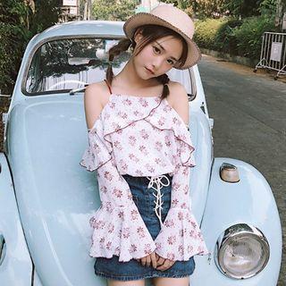 Cold Shoulder Floral Print Bell-sleeve Blouse