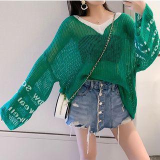 V-neck Long-sleeve Crochet Knit Top