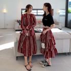 Print Long-sleeve A-line Midi Dress / Tiered Midi Skirt