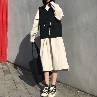 Drawstring Vest / Long-sleeve Midi Shift Dress