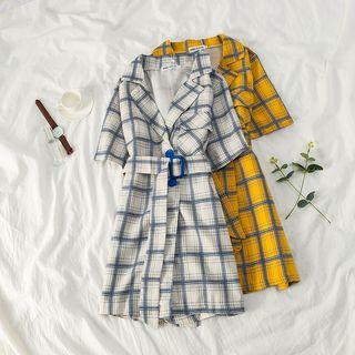 Lapel Collar Plaid Playsuit With Belt