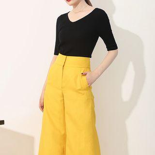 Plain Elbow-sleeve Ribbed Knit Top