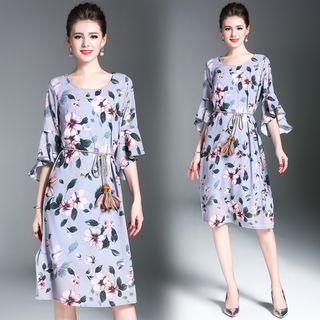 Ruffle-sleeve Floral Waist-tied Midi Dress