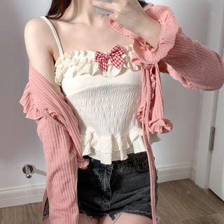 Bow Ruffle Trim Camisole Top / Tie-front Cardigan