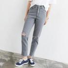 Fray-hem Distressed Slim-fit Jeans