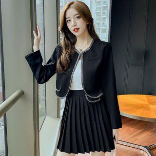 Set: Contrast Trim Crop Jacket + Pleated Skirt