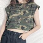 Sleeveless Camouflage Print Crop T-shirt As Shown In Figure - One Size