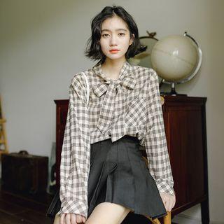 Long-sleeve Plaid Ribbon Top Plaid - Khaki - One Size