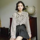 Long-sleeve Plaid Ribbon Top Plaid - Khaki - One Size