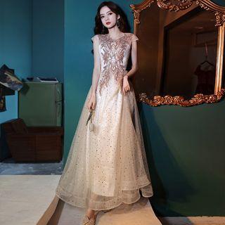 Cap-sleeve Embellished Mesh A-line Gown