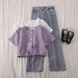 Buttoned Elbow-sleeve Cropped Blouse