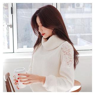 Turtle-neck Lace-trim Rib-knit Top