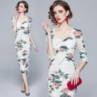 Elbow-sleeve Flower Print Midi Sheath Dress