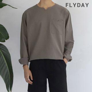 Notched-pocket Long-sleeved Linen Top