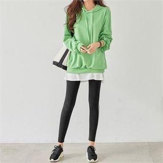 Set: Hooded Layered-hem Pullover + Pipe-trim Leggings