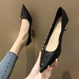 Pointed Studded Flared Heel Pumps