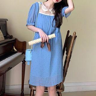 Short-sleeve Dotted Sheer Panel A-line Dress