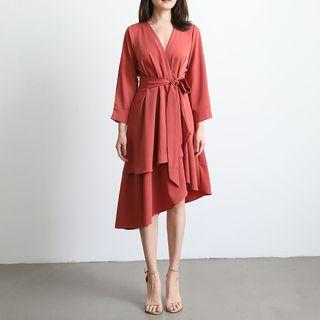 3/4 Sleeve V-neck Asymmetric Layered Dress