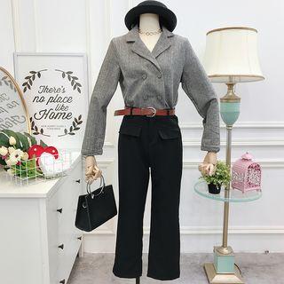 Set: Double-breasted Houndstooth Shirt + Wide-leg Dress Pants