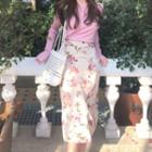 Plain Long-sleeve T-shirt / Flower Print Midi Straight-fit Skirt
