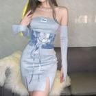Strapless Slit Mini Bodycon Dress With Arm Sleeves