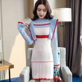 Long-sleeve Frill-trim Mini Knit Sheath Dress