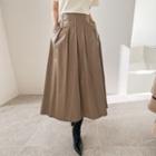 Band-waist Faux-leather Flared Long Skirt