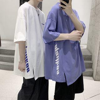 Elbow-sleeve Letter Printed Split T-shirt