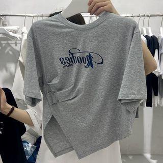 Short-sleeve Lettering Asymmetrical T-shirt