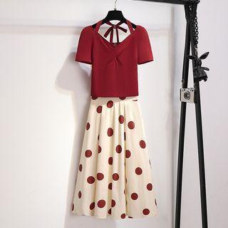 Set; Short-sleeve Shirred T-shirt + Dotted Midi A-line Skirt
