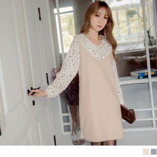 Dotted Print Chiffon Panel Shift Dress