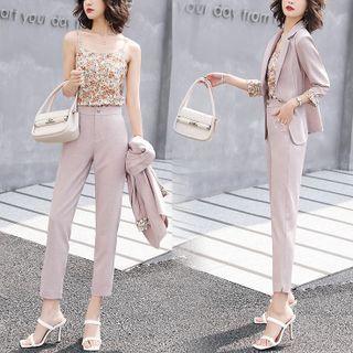 Set: Long Sleeve Floral Trim Blazer + Cropped Dress Pants + Floral Camisole