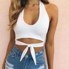 Plain Tie-waist Halter Cropped Top