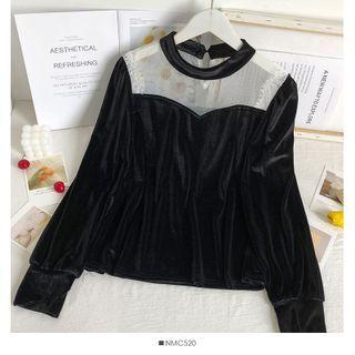 Mesh-panel Velvet Loose Blouse Black - One Size