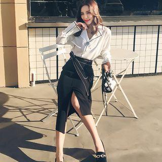 Set: Contrast Trim Blouse + Tie Waist Midi Skirt