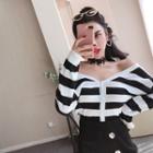 Striped Cardigan / Buttoned Midi Knit Skirt / Set
