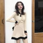 Set: Tie-neck Cardigan + Midi A-line Knit Skirt Black & White - One Size