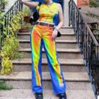 Color-block Printed Crop Tank Top / High-waist Printed Straight-fit Pants