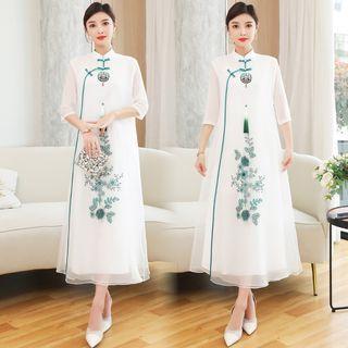 Elbow-sleeve Floral Frog Button Midi A-line Dress