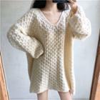 Long-sleeve Open-knit Top Milky White - One Size