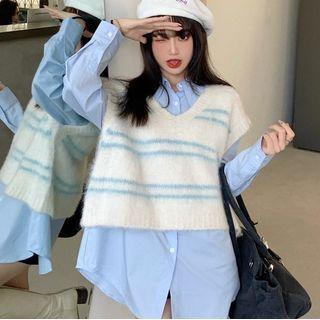 V-neck Striped Knit Vest / Long-sleeve Plain Blouse