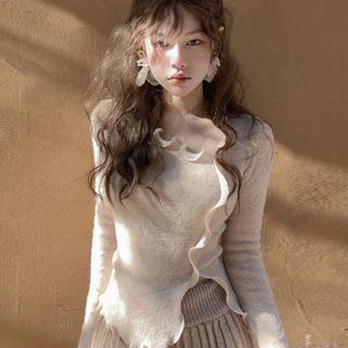 Asymmetrical Ruffle Trim Knit Top