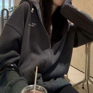 Lettering Zip Jacket Charcoal Gray - One Size