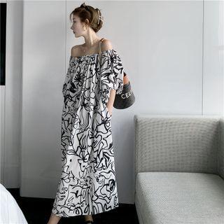 3/4-sleeve Off Shoulder Print A-line Dress